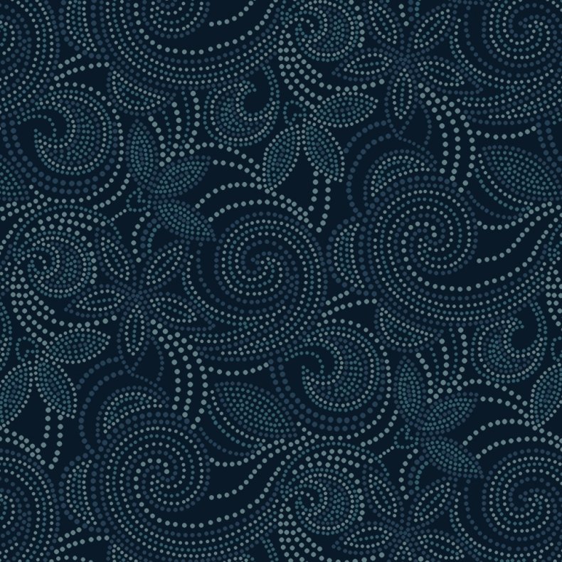 Bagside flannelstof - Dotted vines & swirls - Navy