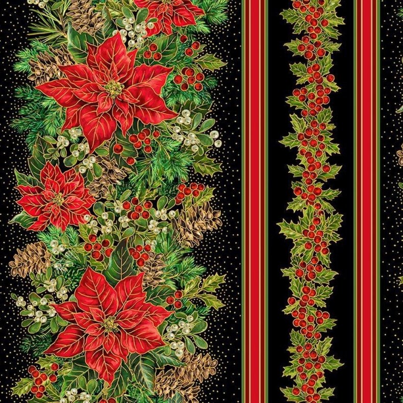 Julepatchworkstof - Poinsettia border - Stripe