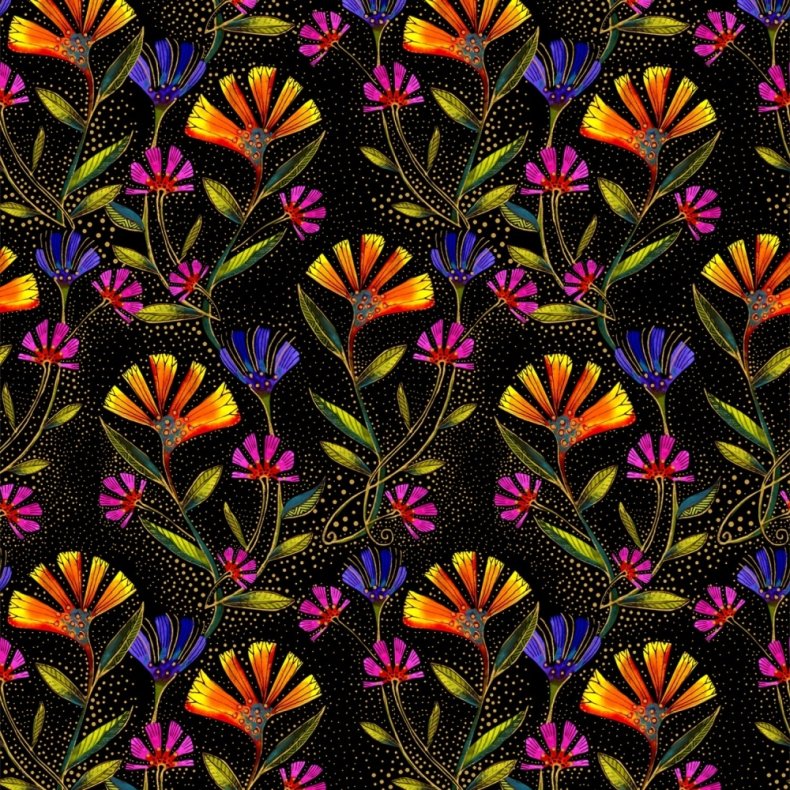 Laurel Burch patchworkstof -  Viney floral - Black