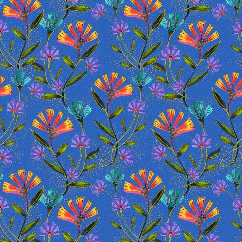 Laurel Burch patchworkstof -  Viney floral - Royal Blue
