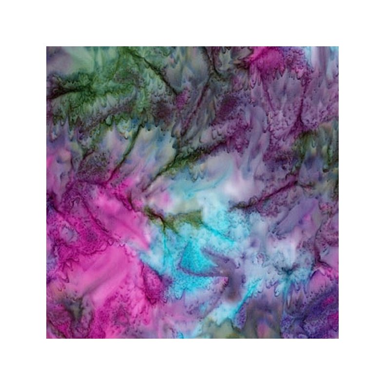 Batikstof - Geranium - Meleret Lilla, Gr�n, Pink og Bl�